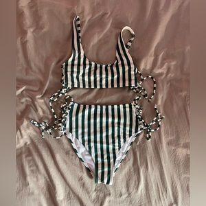 LA Hearts Green and White Striped High Waisted Bikini Size:XS
